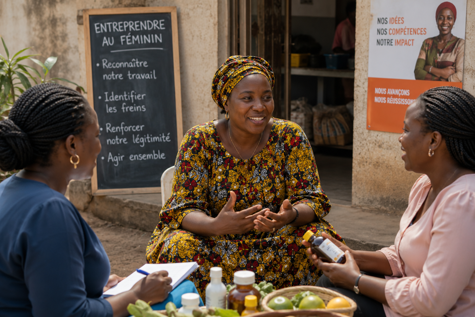 Des entrepreneures échangent autour de leurs produits.